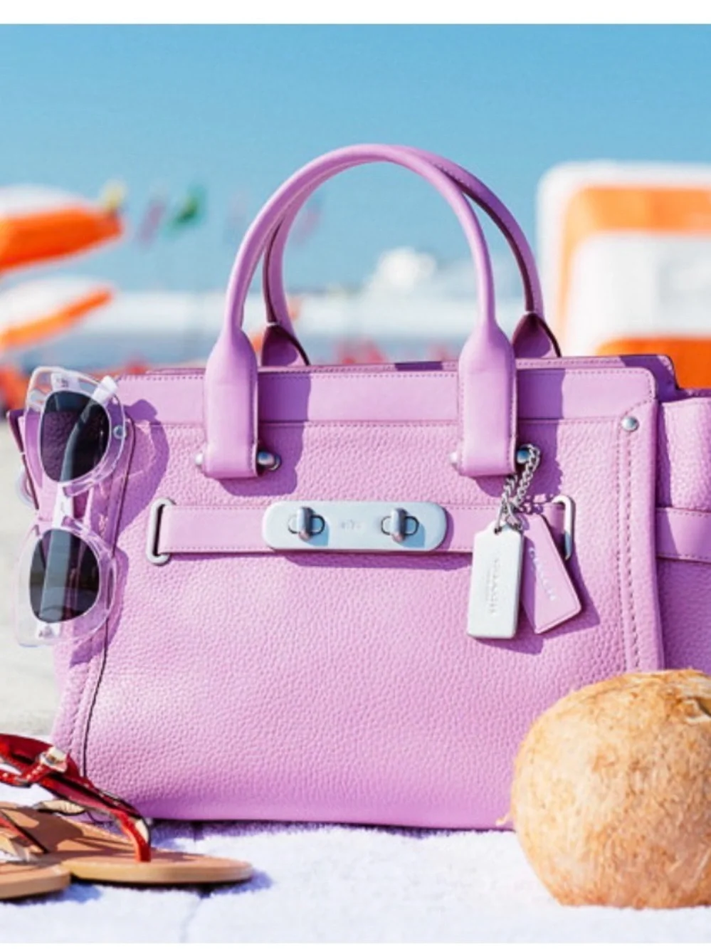 Coach Lilac Pebbled Leather Satchel with Silver Hardware